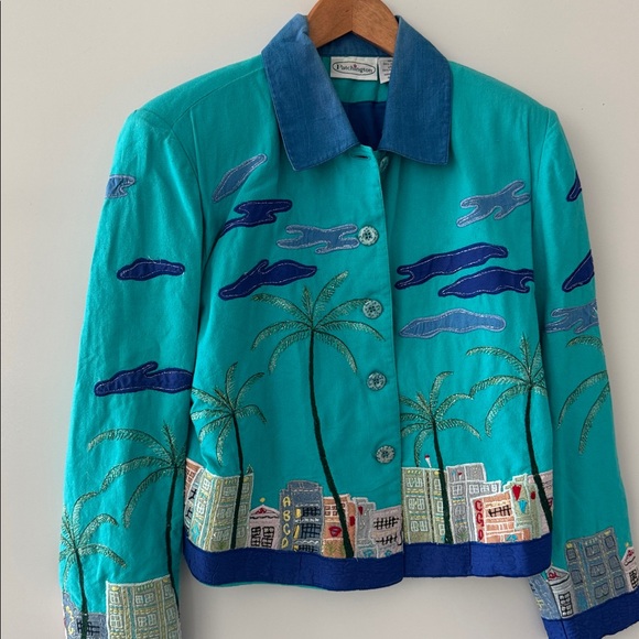 Vintage Patchington Palm Tree Blazer Womens Small Cityscape Jacket Y2K Cotton - Picture 3 of 13